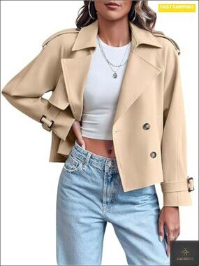 Women's Double Breasted Short Trench Coat Loose Windproof Jacket with Pockets